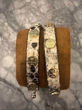 Tory Burch Gold-Accent Snake Print Leather Wrap Bracelets